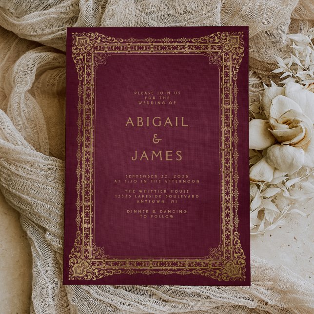 Invitación Marco Antiguo Rojo Boda Dorada (A unique choice for a vintage red and gold themed wedding.)