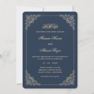 Invitación Marco Antiguo Romántico Azul Marino Boda Musulmana