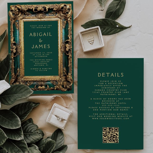Invitación Marco Antiguo Verde Esmeralda Boda Código QR Dorad (Subido por el creador)