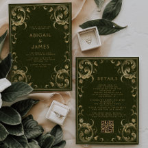 Marco Antiguo Verde Oliva Boda Código QR Dorado