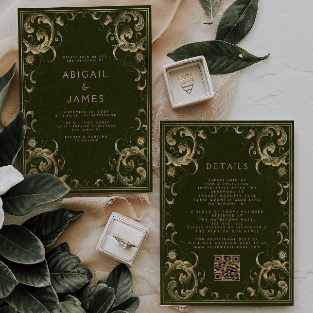 Invitación Marco Antiguo Verde Oliva Boda Código QR Dorado (Subido por el creador)