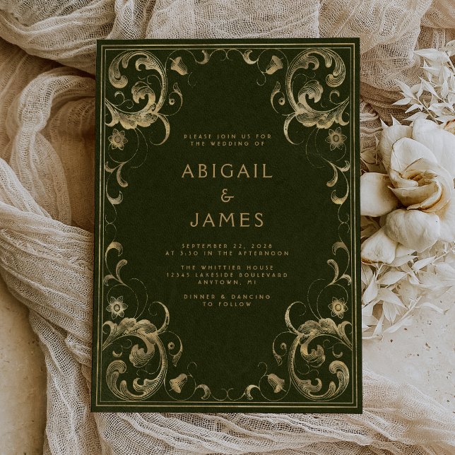 Invitación Marco Antiguo Verde Oliva Boda Dorada (A unique choice for a vintage olive green and gold themed wedding.)