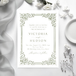 Invitación Marco Antiguo Verde Salvia Elegante Boda