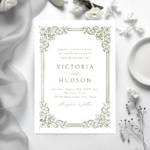 Invitación Marco Antiguo Verde Salvia Elegante Boda
