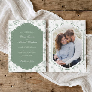 Invitación Marco Antiguo Verde Salvia Toile Foto Boda