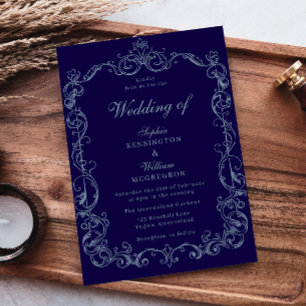 Invitación Marco Antiguo Victoriano Clásico Boda Azul Marino