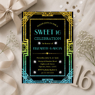 Invitación Marco Art Déco con purpurina azul y amarilla Sweet