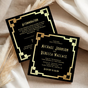 Invitación Marco Art Deco Negro Oro Todo en Uno Boda
