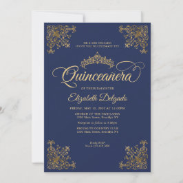Invitación Marco azul de oro de la marina clásica Tiara Quinc