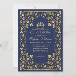 Invitación Marco azul de oro de la Marina de Vintage Tiara Qu