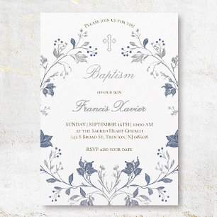 Invitación marco azul elegante Bautizo