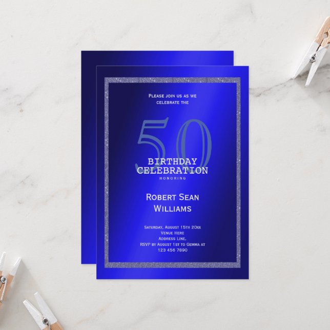 Invitación Marco azul masculino y Purpurina 50 cumpleaños (Anverso/Reverso In Situ)