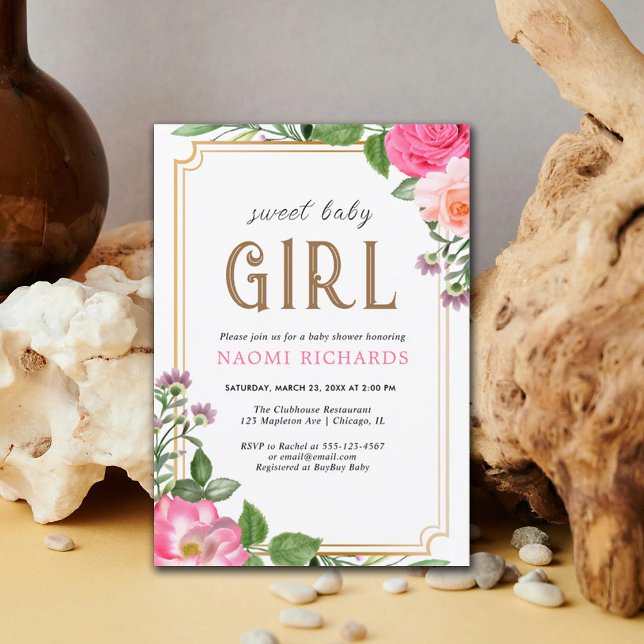 Invitación Marco Baby Shower de Chica floral dorado rosa (Subido por el creador)