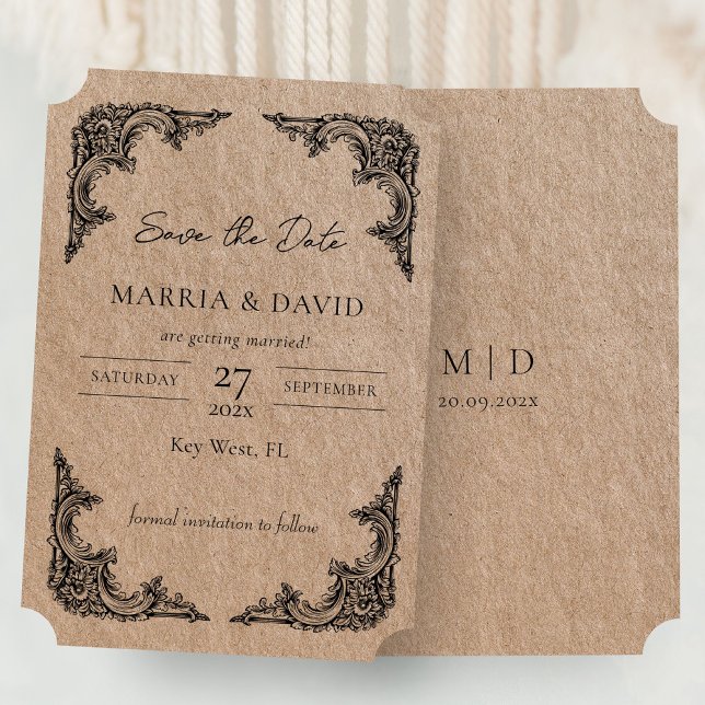 Invitación Marco barroco floral de Kraft Guardar las iniciale (Kraft Floral Baroque Frame Save the Date Initials Invitation)