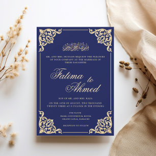 Invitación Marco Barroco Opulento Boda Musulmana Azul Real