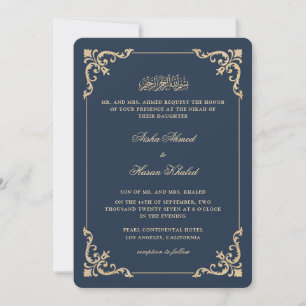 Invitación Marco barroco ornamentado Ceremonia Nikah azul mar