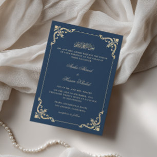 Invitación Marco barroco ornamentado Ceremonia Nikah azul mar