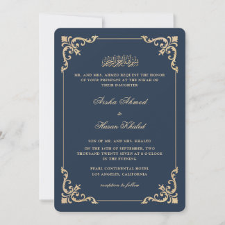Invitación Marco barroco ornamentado Ceremonia Nikah azul rea
