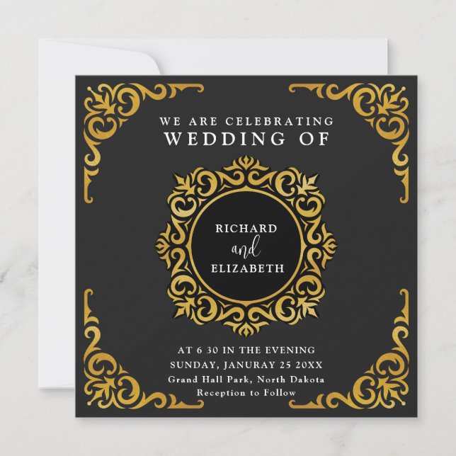 Invitación Marco barroco Real Negro y Ornamental Oro (Anverso)