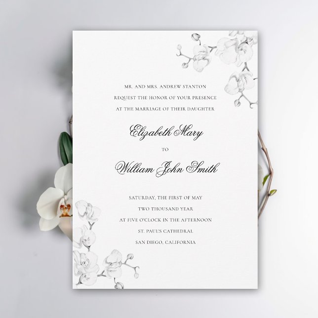 Invitación Marco Bella Artes Orquídea Blanca Elegante Formal  (white orchid wedding invitation elegant floral white exotic formal traditional fine art sketch frame)