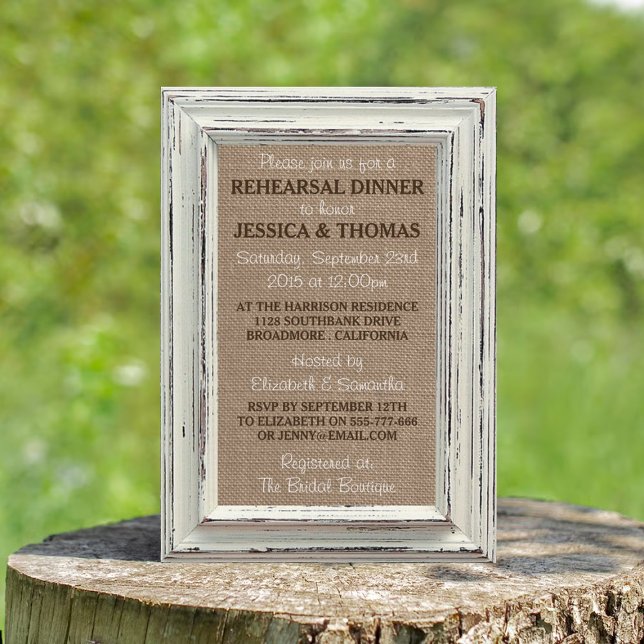 Invitación Marco blanco Rústico Burlap Boda Ensayo Cena (Subido por el creador)