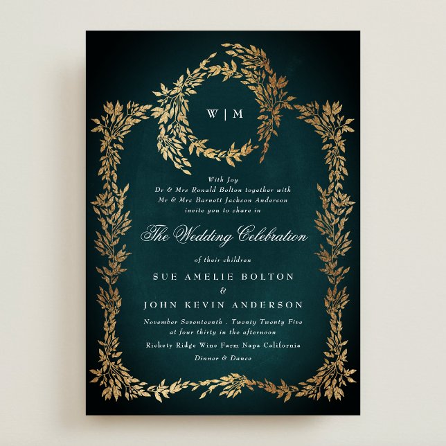 Invitación Marco Boda Botánico de oro Clásico Verde Esmeralda (Subido por el creador)