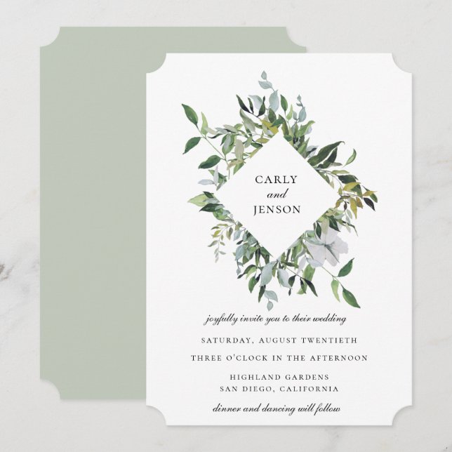 Invitación Marco Botánico Boda Dusty Sage (Anverso / Reverso)
