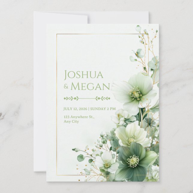 Invitación Marco Botánico de Boda Rosa de Invierno Verde Salv (Anverso)