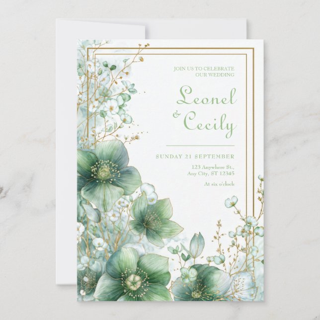 Invitación Marco Botánico de Hellebore Translucido Esmeralda (Anverso)