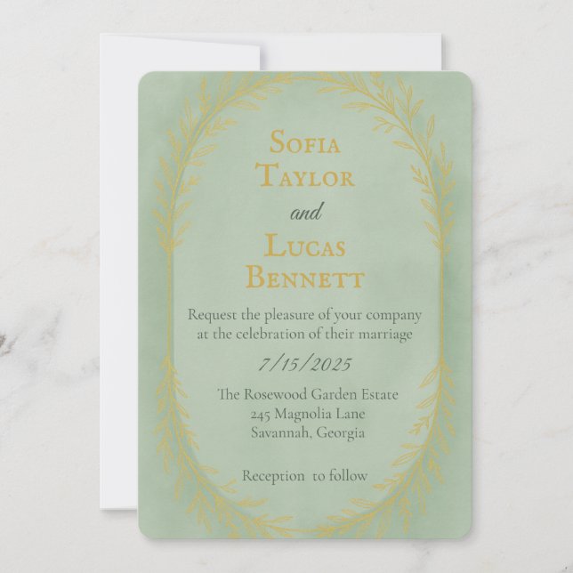 Invitación Marco Botánico Romántico Sage Gold (Anverso)