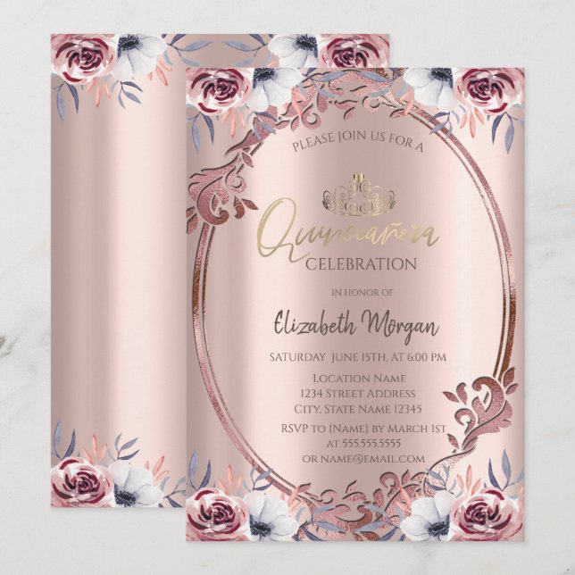 Invitación Marco Chic Boho Flores Quinceañera (Anverso / Reverso)