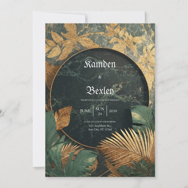 Invitación Marco Circular Tropical de Mármol Verde Esmeralda  (Anverso)