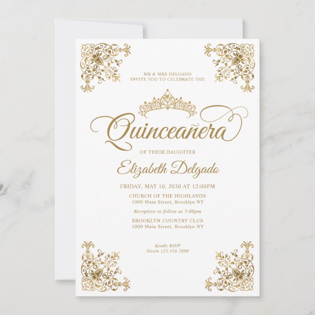 Invitación Marco clásico blanco dorado Tiara Quinceanera (Anverso)