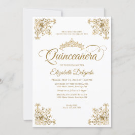 Invitación Marco clásico blanco dorado Tiara Quinceanera