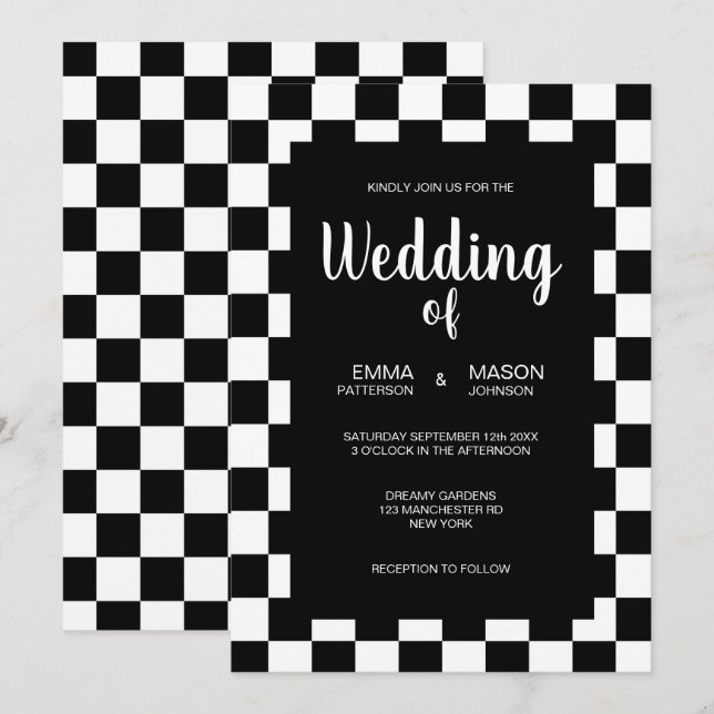 Invitación Marco clásico de mosaicos en blanco y negro (Anverso / Reverso)