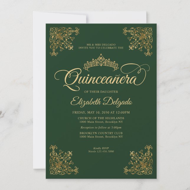 Invitación Marco clásico de oro verde esmeralda Tiara Quincea (Anverso)