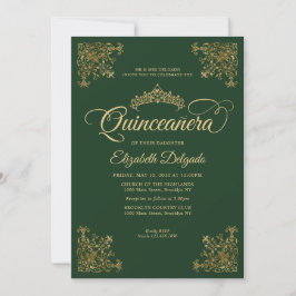 Invitación Marco clásico de oro verde esmeralda Tiara Quincea