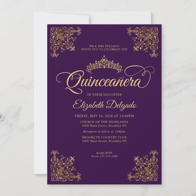 Invitación Marco clásico violeta dorado tiara Quinceanera (Anverso)