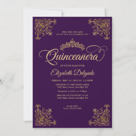 Invitación Marco clásico violeta dorado tiara Quinceanera