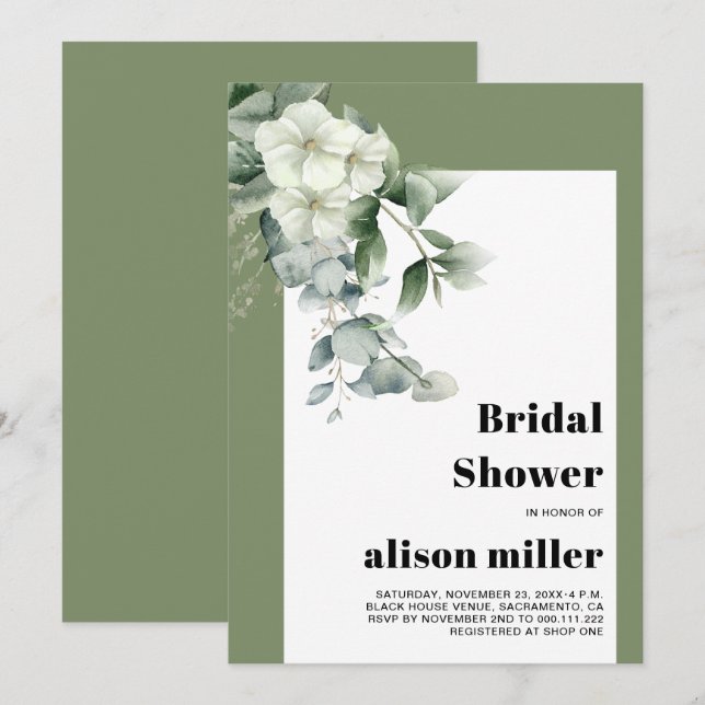 Invitación Marco con eucalipto, flores blancas ducha de novia (Anverso / Reverso)