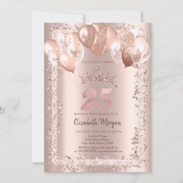 Invitación Marco con purpurina, Corona, Globos Cumpleaños 25 (Anverso)