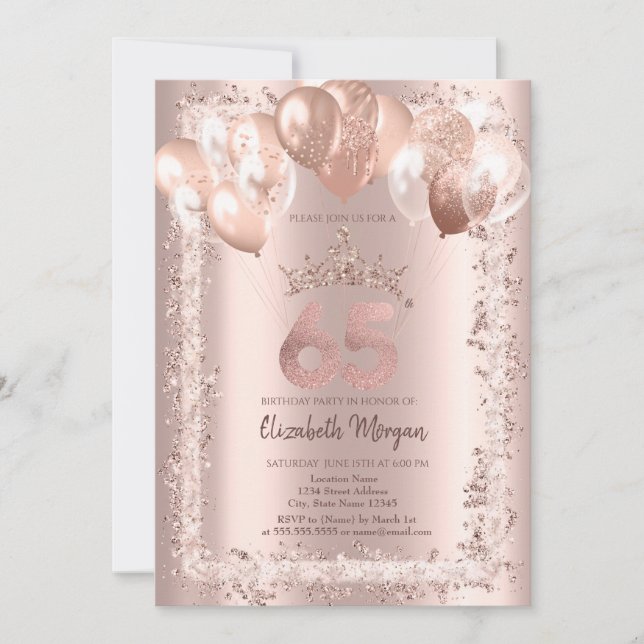 Invitación Marco con purpurina, Corona, Globos Cumpleaños 65 (Anverso)