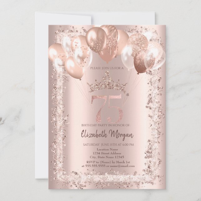 Invitación Marco con purpurina, Corona, Globos Cumpleaños 75 (Anverso)