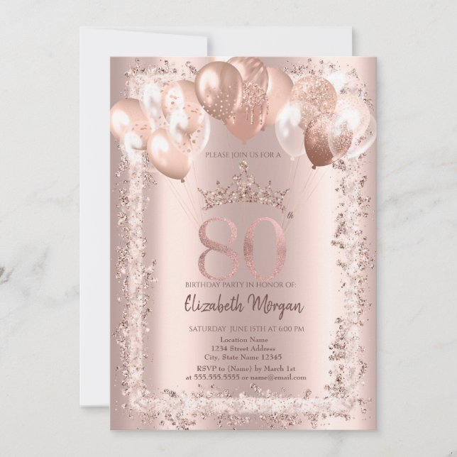 Invitación Marco con purpurina, Corona, Globos Cumpleaños 80 (Anverso)