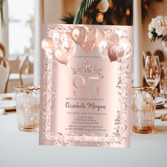 Invitación Marco con purpurina, Corona, Globos Cumpleaños 95 (Subido por el creador)