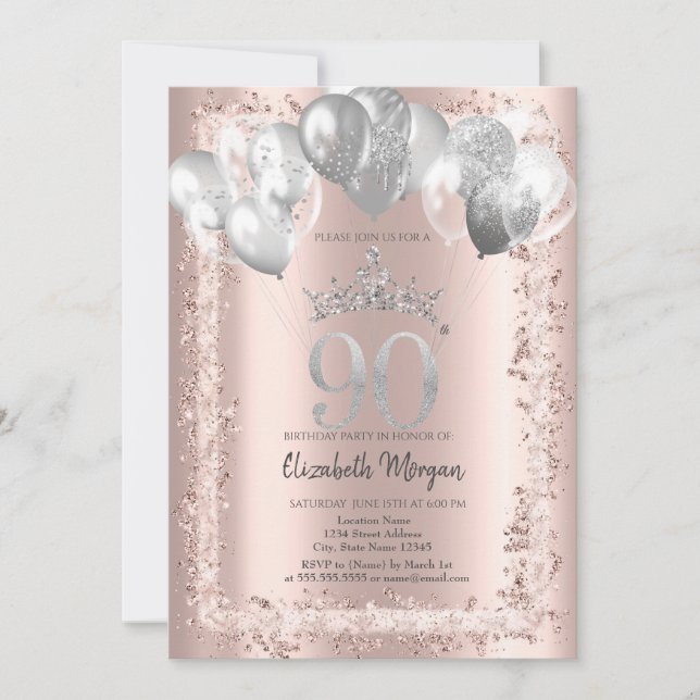 Invitación Marco con purpurina, Corona plateada, Globos 90º (Anverso)