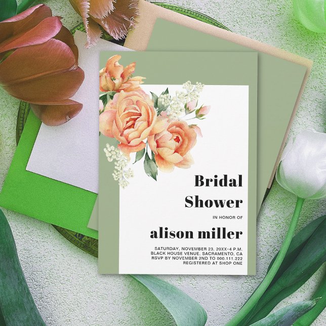 Invitación Marco con rosas de melocotón, ducha de novia verde (Subido por el creador)
