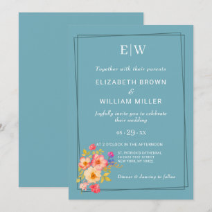 Invitación Marco con Rosas, estilo Boda sobre azul retro