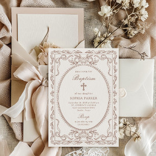 Invitación Marco Coqueto Taupe Neutral Caprichoso   Bautizo