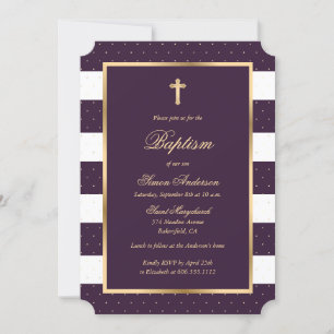 Invitación Marco cruzado de oro morado Elegante bautismo de n